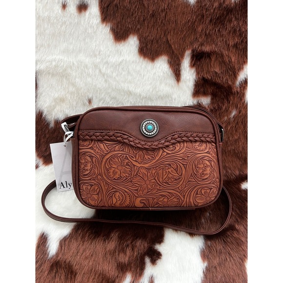 Western Floral Tooled Crossbody Bag Turquoise Concho New - Picture 3 of 4